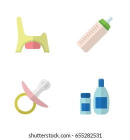 Flat Infant Set Of Nipple, Cream With Lotion, Toilet And Other Vector Objects. Also Includes Potty, Child, Nipple Elements.