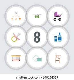 Flat Infant Set Of Nipple, Napkin, Children Scales And Other Vector Objects. Also Includes Towel, Stroller, Crib Elements.