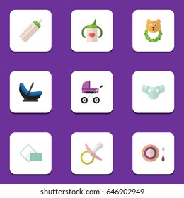 Flat Infant Set Of Nursing Bottle, Baby Plate, Stroller And Other Vector Objects. Also Includes Pram, Feeder, Cradle Elements.