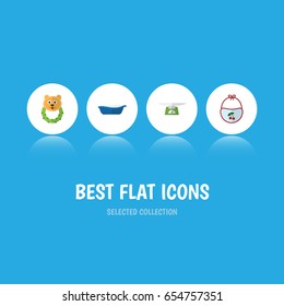 Flat Infant Set Of Pinafore, Bathtub, Children Scales And Other Vector Objects. Also Includes Children, Bear, Pinny Elements.