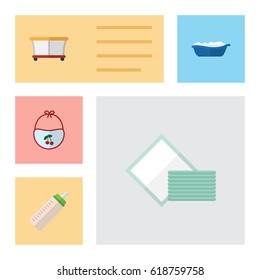 Flat Infant Set Of Pinafore, Napkin, Bathtub And Other Vector Objects. Also Includes Playground, Tissue, Children Elements.