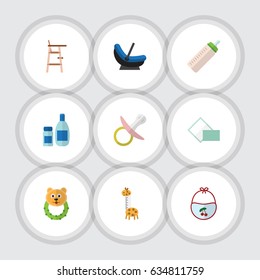 Flat Infant Set Of Pram, Child Chair, Nipple And Other Vector Objects. Also Includes Baby, Beanbag, Child Elements.