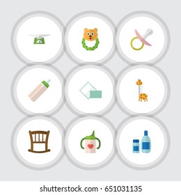 Flat Infant Set Of Rattle, Nipple, Napkin And Other Vector Objects. Also Includes Children, Bed, Bottle Elements.