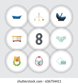 Flat Infant Set Of Rattle, Playground, Pinafore And Other Vector Objects. Also Includes Rattle, Bathing, Pram Elements.
