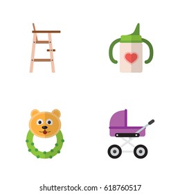 Flat Infant Set Of Rattle, Stroller, Nursing Bottle And Other Vector Objects. Also Includes Rattle, Bear, Chair Elements.
