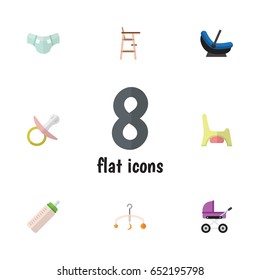 Flat Infant Set Of Stroller, Child Chair, Feeder And Other Vector Objects. Also Includes Stroller, Mobile, Stool Elements.