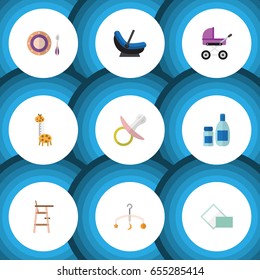 Flat Infant Set Of Stroller, Mobile, Cream With Lotion And Other Vector Objects. Also Includes Crib, Toy, Pacifier Elements.