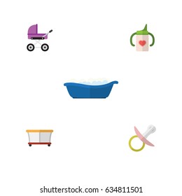 Flat Infant Set Of Stroller, Nipple, Playground And Other Vector Objects. Also Includes Playground, Children, Playpen Elements.