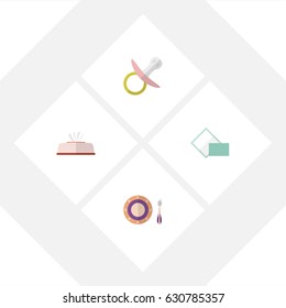 Flat Infant Set Of Tissue, Baby Plate, Nipple And Other Vector Objects. Also Includes Tissue, Dish, Pacifier Elements.