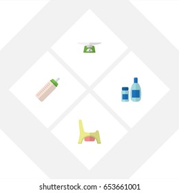 Flat Infant Set Of Toilet, Feeder, Children Scales And Other Vector Objects. Also Includes Children, Scales, Child Elements.