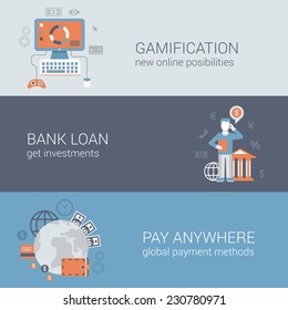 Flat infogaphics gamification bank loan investment pay anywhere concept. Online internet business technology web site icon banners template set. Website conceptual flat vector illustrations collection