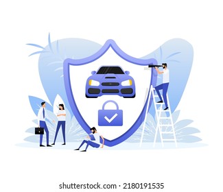 Flat infographic. Car insurance icon on blue background. Flat isometric vector illustration