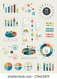 Flat infographic collection of charts, graphs, speech bubbles, schemes, diagrams. Trend color set. Chemistry, flask concept.