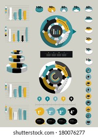 Flat infographic collection of charts, graphs, speech bubbles, schemes, diagrams. Trend color set. Circle, round design.