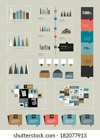 Flat infographic collection of charts, graphs, speech bubbles, schemes, diagrams. Trend color set. Rectangle design.