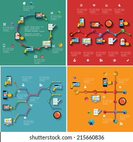 Flat infographic design of computer, connected mobile devices and work tools. Vector illustration.
