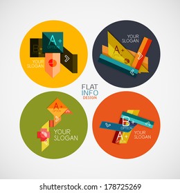 Flat infographic design concept set. Geometrical shaped blank templates with sample text. Can be used as infographic template, business card design, abstract geometric symbols, mobile app templates