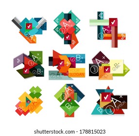 Flat infographic design concept set. Geometrical shaped blank templates with sample text. Can be used as infographic template, business card design, abstract geometric symbols, web elements, mobile