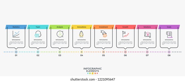 Modelo de design de infográfico plano com seis elementos retangulares dispostos em linha horizontal. Conceito de 8 estágios de progresso de inicialização. Ilustração vetorial moderna para apresentação, brochura, banner.