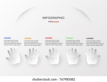 Flat infographic elements with hand on grey and white background. Charts for business presentation with text space. 