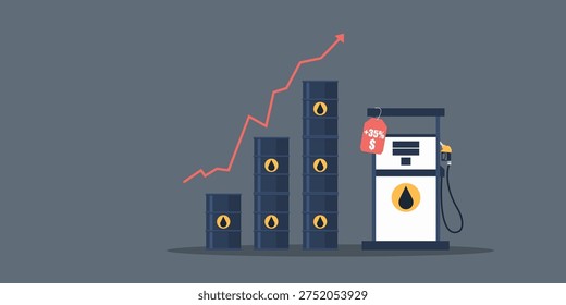 Flat infographic of a gas station pump and stacked oil drums with a rising trend arrow and a price tag showing a 35% increase, representing rising fuel costs and inflation.