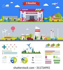 flat infographic gasoline station and plant design with graphics eco elements, set elements collections