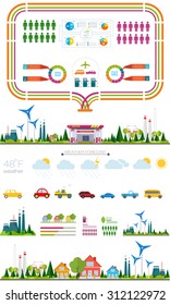 flat infographic gasoline station and plant design with graphics eco elements, set elements collections