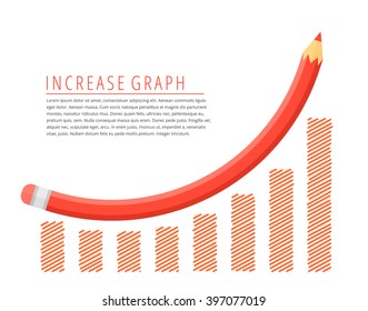 Flat infographic growth business concept. Red pencil as a increase graph arrow with growth hand drawn column chart. Infographics vector elements for web, publish, social networks. 