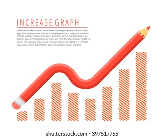 Flat infographic growth business concept. Red pencil as a increase graph arrow with growth hand drawn column chart. Infographics vector elements for web, publish, social networks. 