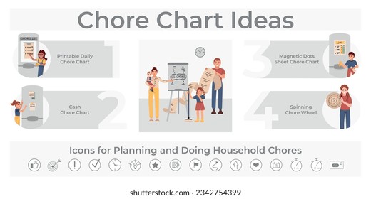 Flat infographic with ideas for planning and doing household chores and collection of icons vector illustration