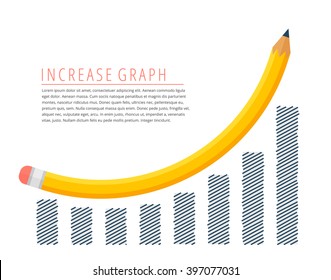 Flat infographic increase profit graph concept. Yellow pencil as a growth arrow with hand drawn column chart. Infographics vector elements for business publish, web, social media. 