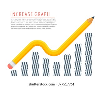 Flat infographic increase profit graph concept. Yellow pencil as a growth arrow with hand drawn column chart. Infographics vector elements for business publish, web, social media. 
