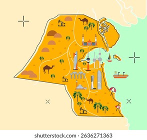 Flat infographic Kuwait travel map design, a design map from one of the largest petroleum producing countries in the Middle East, namely Kuwait.
EPS 10 vector map design.