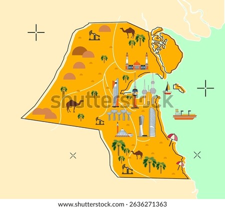 Flat infographic Kuwait travel map design, a design map from one of the largest petroleum producing countries in the Middle East, namely Kuwait.
EPS 10 vector map design.