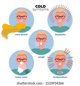 Flat infographic - most commons symptoms of cold and flu. Men Faces of characters in circles. Influenza. Fever and cough, sore throat. Flat style vector illustration isolated on white background