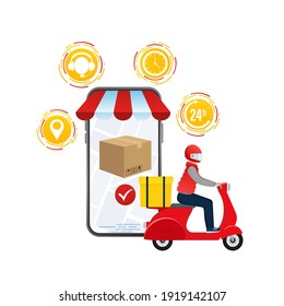 Flat infographic with red online delivery for mobile app design. Food delivery service.