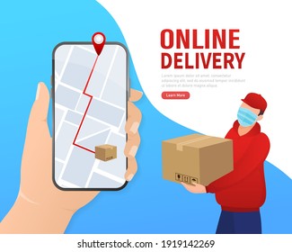 Flat infographic with red online delivery for mobile app design. Food delivery service.