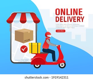 Flat infographic with red online delivery for mobile app design. Food delivery service.