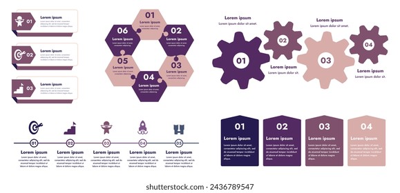 Flat infographic set features a modern and minimalistic design that illustrates an information process or sequence of events in a business. For presentations, websites or brochures.