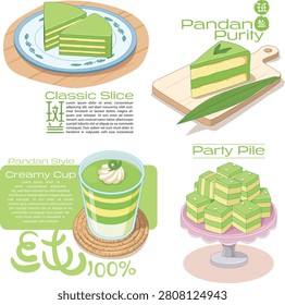 Flat infographic showing pandan layer cake in four styles - classic slice, purity board, creamy cup, and party pile - each highlighting its green layers, pandan leaf motif, and clean vector design.