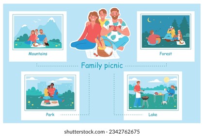 Flat infographic showing places for family picnic with happy people in mountains park forest and on lake shore vector illustration