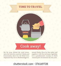 Flat infographic vector illustration of a hand holding a camping pot, and a boiling kettle.