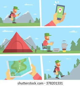 Flat infographic vector illustration set of a tourist and his various camping and 
hiking activities.