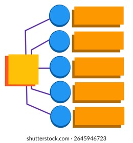Flat infographic of vertical process flowchart with colorful shapes for business, data, or workflow presentation needs
