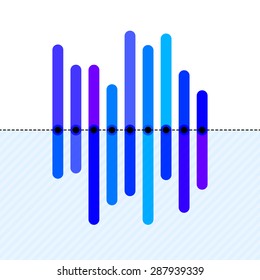 Flat infographics with asymmetric blue overlapping bars and dotted center line