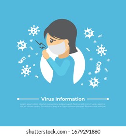 Flache Infografiken, Design von Virusinformationen. Frauen tragen eine weiße ärztliche Gesichtsmaske. 