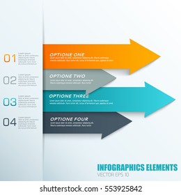 Flat infographics elements concept with colorful horizontal arrows and ordered text fields vector illustration