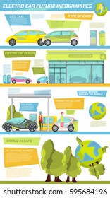 Flat infographics giving information about types of eco friendly electro cars their dealer and charge stations vector illustration