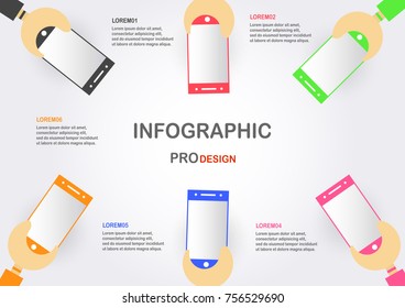 Flat infographics with hand hold mobile phone on grey and white background. Charts for business presentation with text space. 