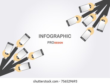 Flat infographics with hand hold mobile phone on grey and white background. Charts for business presentation with text space. 